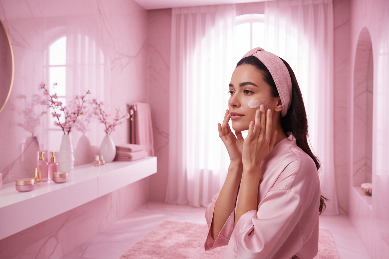 necesito una imagen formato 9:16 de una chica cuidando su piel en un ambiente de color rosa